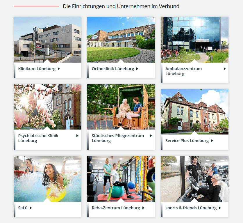 Grafik: Gesundheitsholding Lüneburg (Screenshot). Neun Einrichtungen und Unternehmen sind unter dem Dach der Gesundheitsholding Lüneburg vereint. Die Gesundheitsholding ist eine hundertprozentige Tochter der Hansestadt Lüneburg,