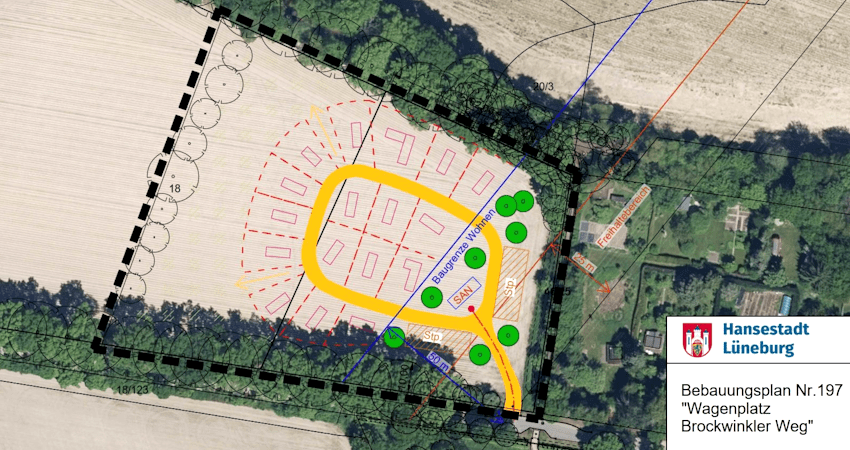 Grafik: Hansestadt Lüneburg. Aufstellungsbeschluss B-Plan für den „Wagenplatz Brockwinkler Weg“.