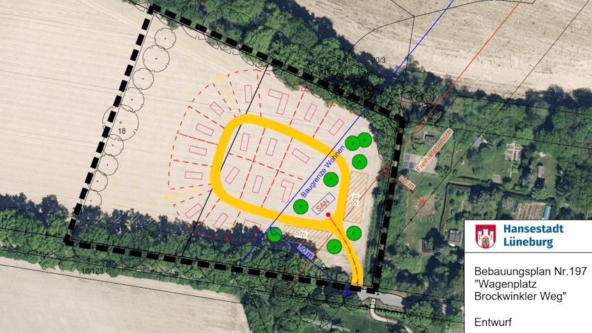 Grafik: Hansestadt Lüneburg. Aufstellungsbeschluss B-Plan für den „Wagenplatz Brockwinkler Weg“.
