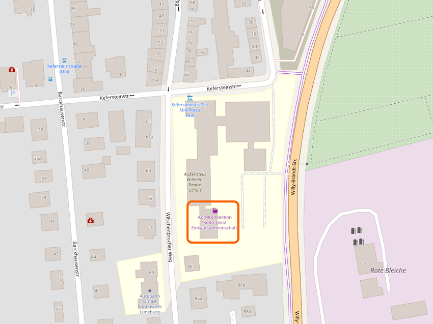 Grafik: OSM Mitwirkende. Die KornKonnection befindet sich am Campus Rotes Feld, Wilschenbrucher Weg 84. Sie ist zugänglich, wenn das Unigebäude offen ist, von Montag bis Sonntag 8-20 Uhr.
