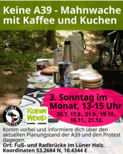 Mahnwache gegen A39 im Lüner Holz. Grafik: Sharepic.