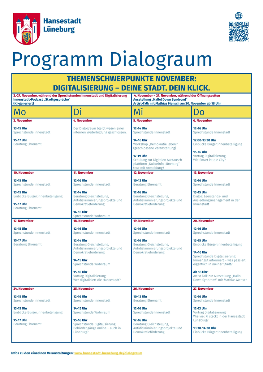 Grafik: Hansestadt Lüneburg. Programm Dialograum Innenstadt im November 2025.