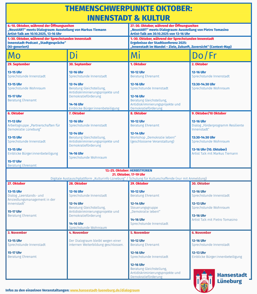  Grafik: Hansestadt Lüneburg. Programm Dialograum Innenstadt im Oktober 2025.