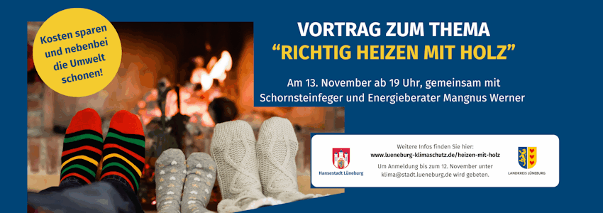 Grafik: Hansestadt/Landkreis Lüneburg. Richtig Heizen mit Holz, Vortrag am 13.11.2025.