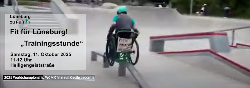 Foto: Screenshot YouTube, C. Lecomte. Die Lüneburgerin Cécile Lecomte, Vizeweltmeisterin im WCMX 2025 Women’s Pro, bei ihrer Siegesrunde am 13. September 2025 im Schweizer Ort Bulle, hier beim so genannten „Grinden“ auf einer Metallstange.