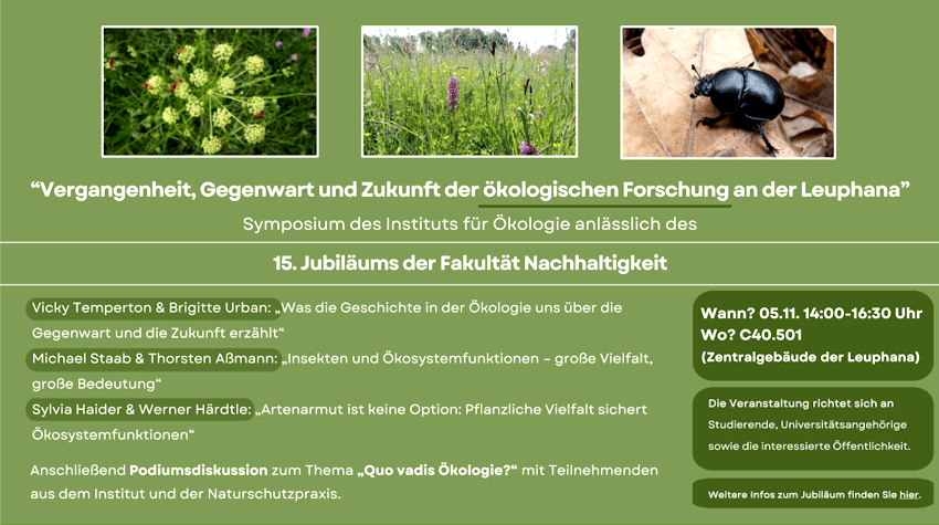 Symposium des Instituts für Ökologie anläßlich des 15-jährigen Jubiläums der Fakultät Nachhaltigkeit am 5. November 2025. Grafik: Flyer.