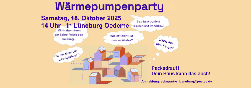 Grafik: Solarbotschafter Lüneburg (angepasst). Wärmepumpen-Party 18.10.2025 in Lüneburg Oedeme. Sharepic.