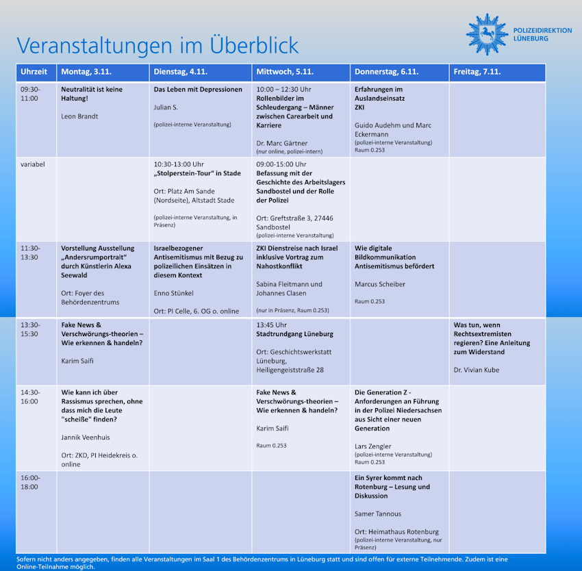 Grafik: Polizeidirektion Lüneburg (angepasst). Woche der Demokratie und Vielfalt 2025 - Programmübersicht.