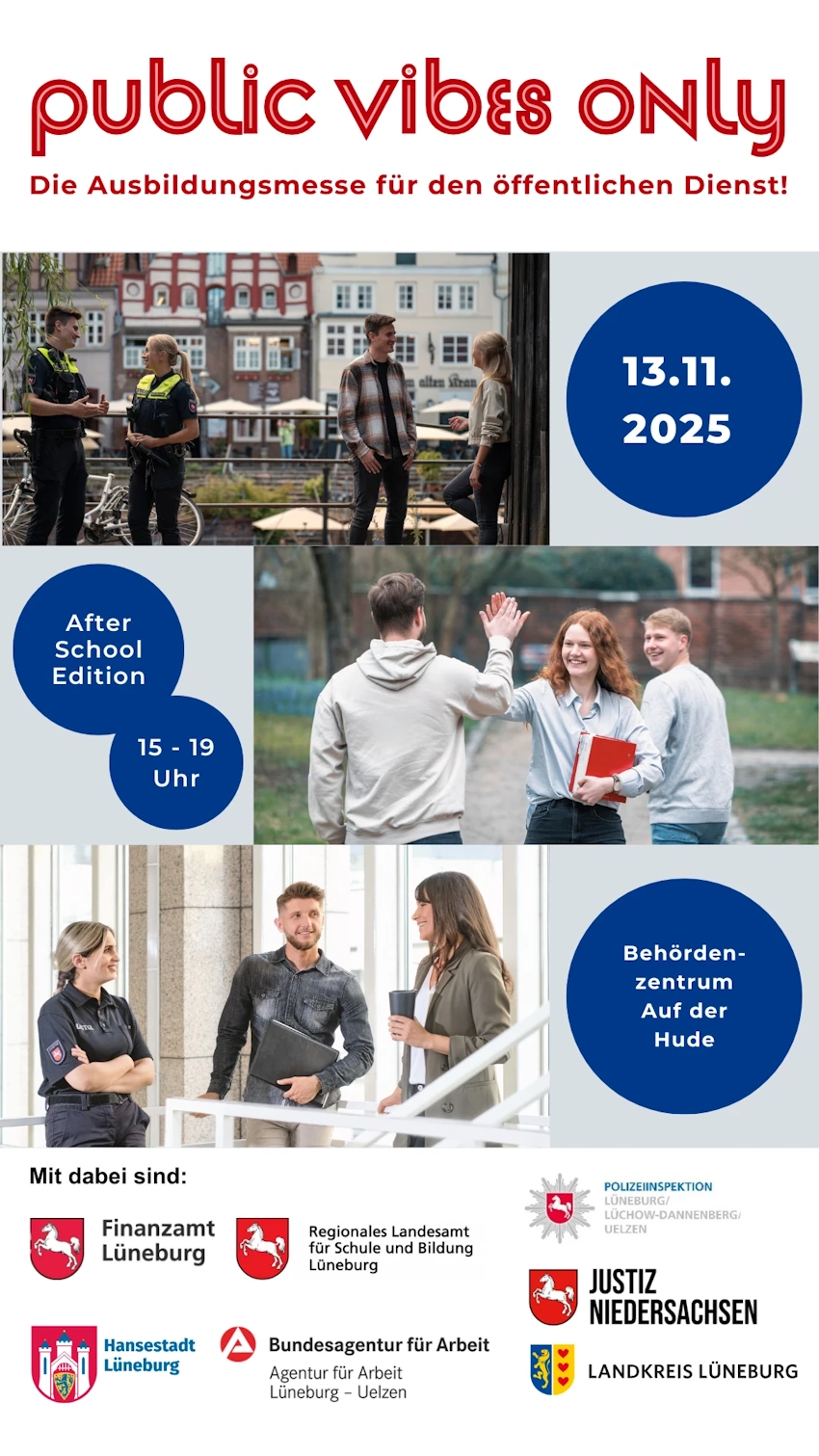"public vibes only": Ausbildungsmesse für den öffentlichen Dienst am 13.11.2025. Grafik: Flyer