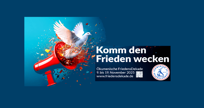 Ökumenische FriedensDekade e. V. für 2025: Plakat "Komm den Frieden wecken" (angepasst).