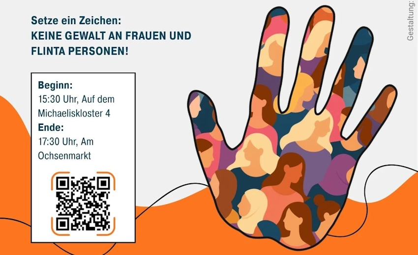 Grafik: Plakat Hansestadt Lüneburg. Die Demonstration zu den Orange Days findet statt am 25. November 2025. Start ist um15:30 Uhr beim Landkreis, Auf dem Michaeliskloster 4, Lüneburg.