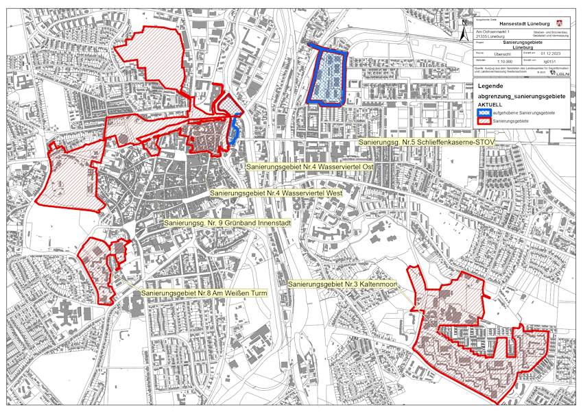 Grafik: Hansestadt Lüneburg. Lageplan aller Sanierungsgebiete in der Hansestadt Lüneburg.