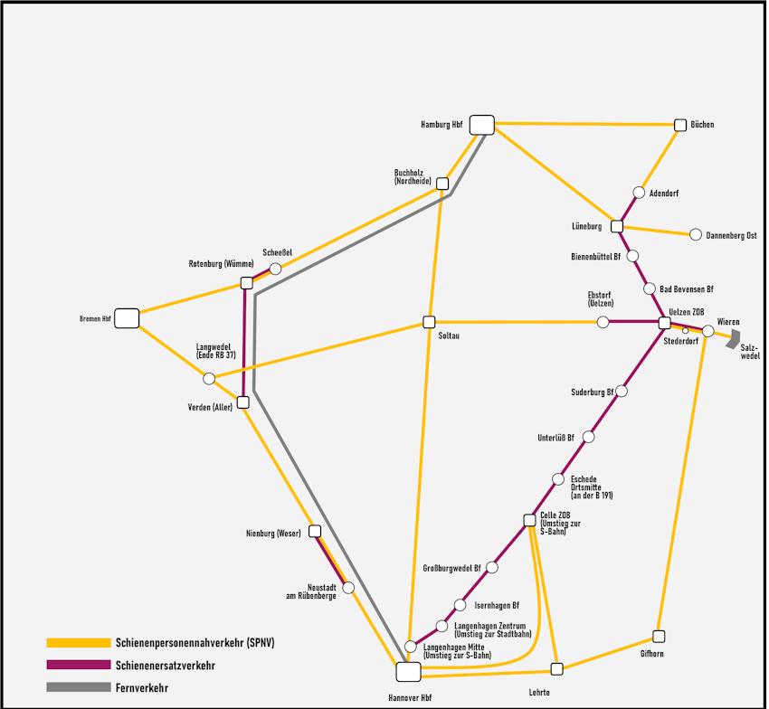 Grafik: LNVG. Liniennetzplan während der Bauphase mit Darstellung des Schienenersatzverkehrs.