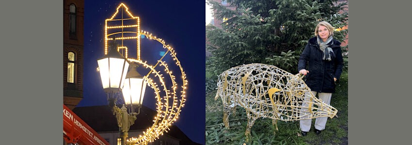 Fotos: Hansestadt Lüneburg. Links das Giebelmotiv an der Straßenlaterne, hier in der Großen Bäckerstraße. Rechts OB Claudia Kalisch mit der leuchtenden Salzsau im Rathausgarten. Aktiviert wird das Lichtobjekt in der Woche der Weihnachtsmarkteröffnung.