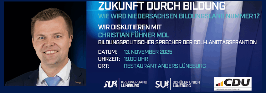 Diskussionsabend mit Christian Fühner, 13.11.2025. Grafik: Sharepic JU Lüneburg (angepasst).