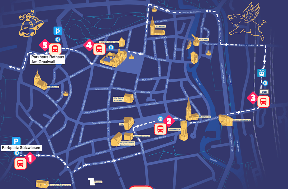 Grafik: Hansestadt Lüneburg. Karte mit Route des Adventsshuttle.