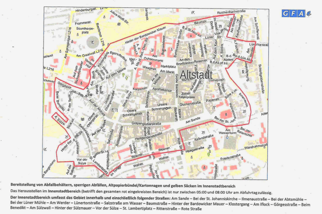 GFA Lüneburg: Im rot begrenzten Innenstadtbereich wird ab Januar 2026 Verpackungsabfall in gelben Säcken abgeholt.