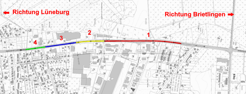 Übersichtskarte und Bauabschnitte (Beschriftung ergänzt) beim Bauvorhaben B209, Ortsdurchfahrt Adendorf. Bildrechte: LGLN / NLStBV.