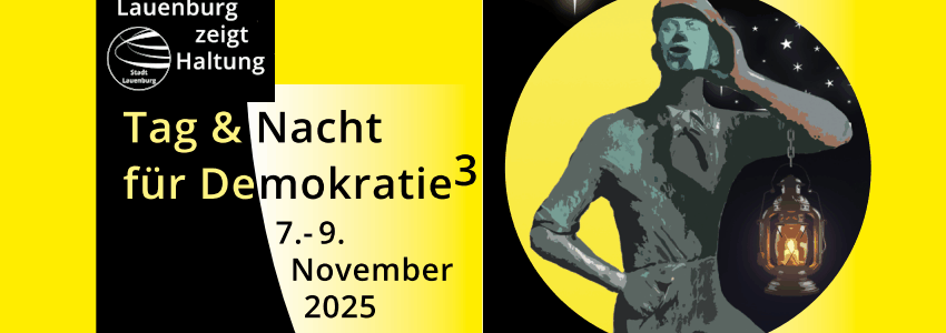 Grafik: Flyer. Tag & Nacht für Demokratie, Lauenburg, 7.-9. November 2025.