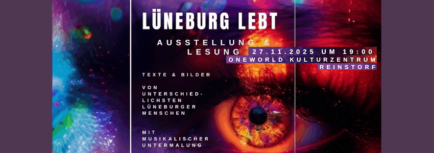 Grafik: Plakat (angepasst). Lüneburg lebt. Ausstellung und Lesung am 27. November 2025 in Reinstorf.