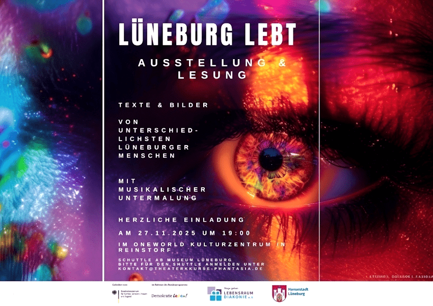 Grafik: Plakat „Lüneburg lebt“. Veranstaltung m 27. November 2025 im Kulturzentrum OneWorld in Reinstorf. Tipp: Anmelden für Shuttlebus ab dem Museum Lüneburg.