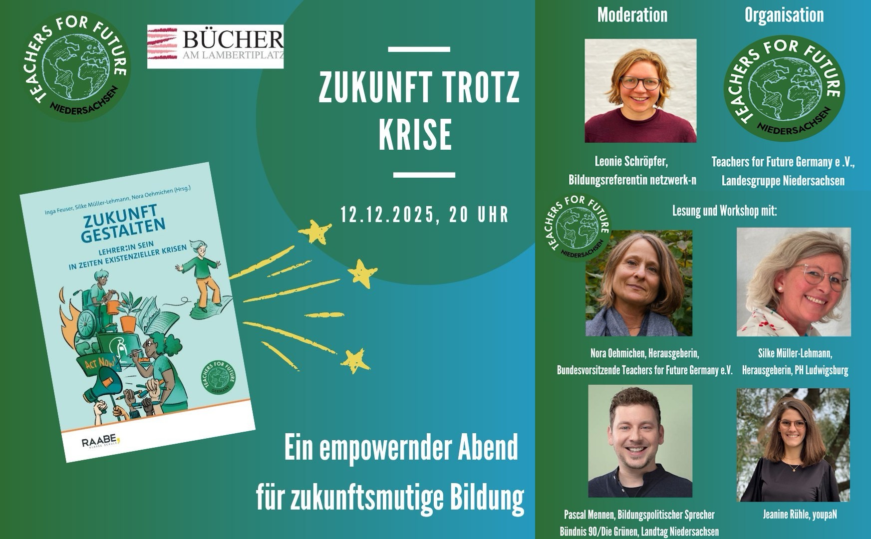 Grafik: Sharepic (angepasst). Lesung / Workshop "Zukunft trotz Krise" am 12.12.2025 in Lüneburg.