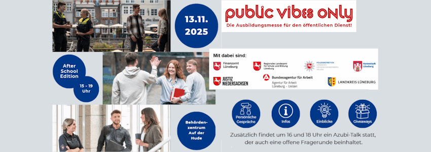 "public vibes only": Ausbildungsmesse für den öffentlichen Dienst. Grafik: Flyer (angepasst).