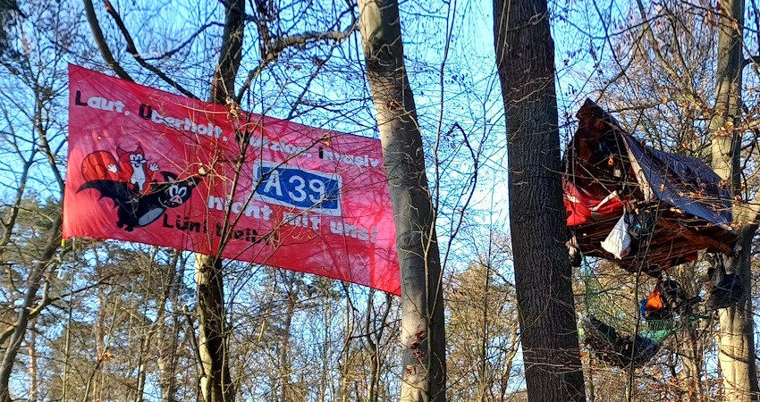 Foto: Cyclocracy. "Laut. Überholt. Nutzlos. Invasiv." - So die kurz gefasste Stellungnahme auf dem roten Transparent im Lüner Holz zu den Bauplänen für die A39. Rechts daneben Plattform und Baumhaus.