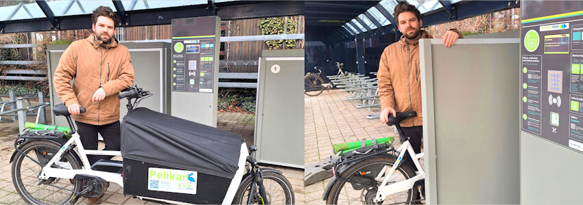 Fotos: Isabell Ebbecke. Radverkehrskoordinator Tilmann Seifert an den neuen Fahrradboxen am Busbahnhof in Lüchow: Sie bieten sogar Platz für Lastenräder und eine Lademöglichkeit für E-Bikes.