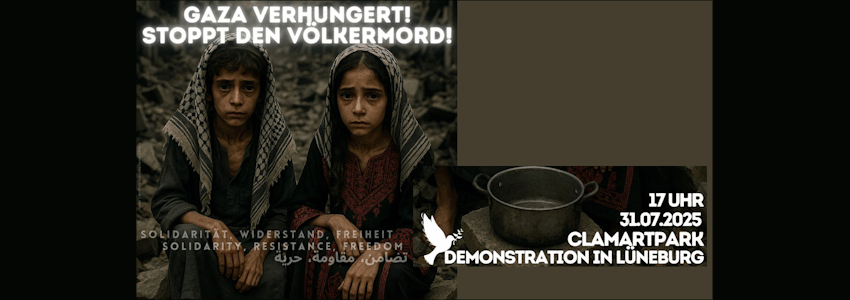 Gegen Hunger in Gaza - Demonstration am 31.07.2025 in Lüneburg. Grafik: Sharepic (angepasst).