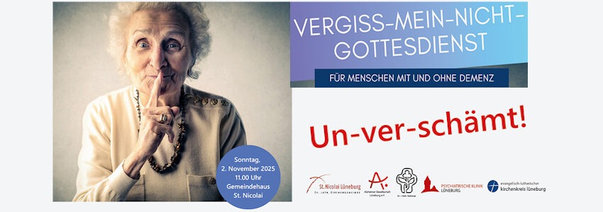 Grafik: Kirchenkreis Lüneburg, Sharepic (angepasst). Vergiss-mein-nicht-Gottesdienst für Menschen mit und ohne Demenz, Sonntag, 2. November 2025, 11.00 Uhr im Gemeindehaus der Lüneburger Nicolaikirche.