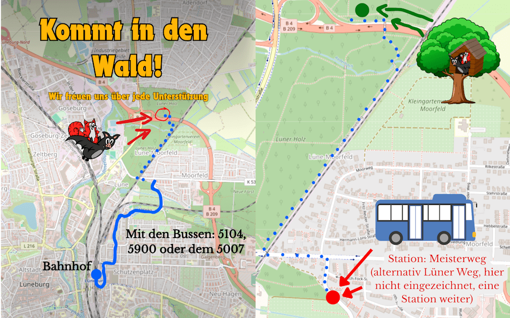 Aktion "Lüni bleibt" der Aktionsgruppe Flederhörnchen. Die Gruppe lädt ein, das Gelände zu besuchen. Es ist zu Fuß oder mit dem Rad erreichbar.