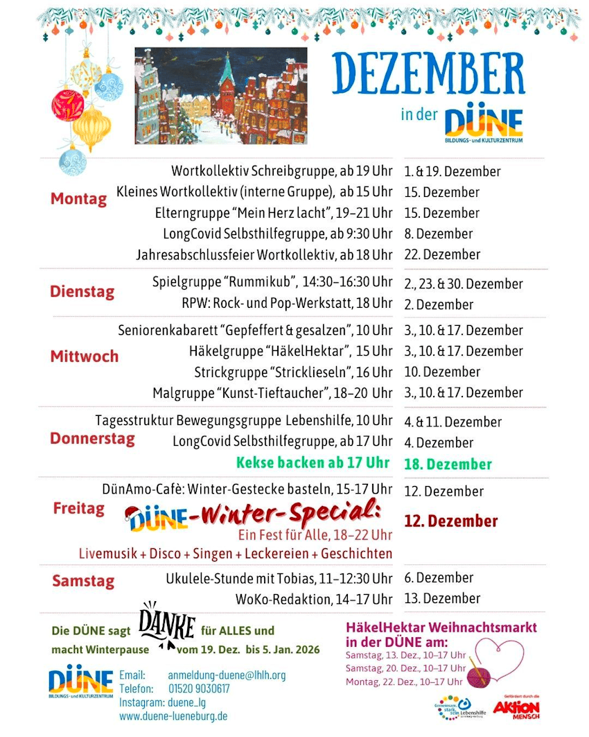 Grafik: Düne Lüneburg. Programm für Dezember 2025.