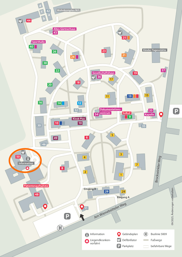 Grafik: PKL Lüneburg. Lageplan. Haus 50 ist orange eingekreist.