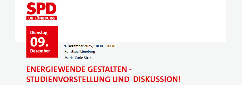 Grafik: SPD Lüneburg (angepasst). Energiewende gestalten, Veranstaltung am 9. Dezember 2025.