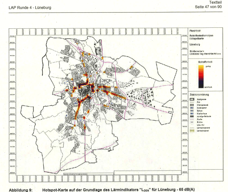 Grafik: nts Ingenieursgesellschaft-mbH / Hansestadt Lüneburg: Lärmaktionsplan, 12.11.2024, S. 47. Hotspots im Stadtgebiet: An diesen Straßen ist es auch bei Tag besonders laut. Hier werden Maßnahmen zum Lärmschutz vorgeschlagen, darunter auch Tempo 30.