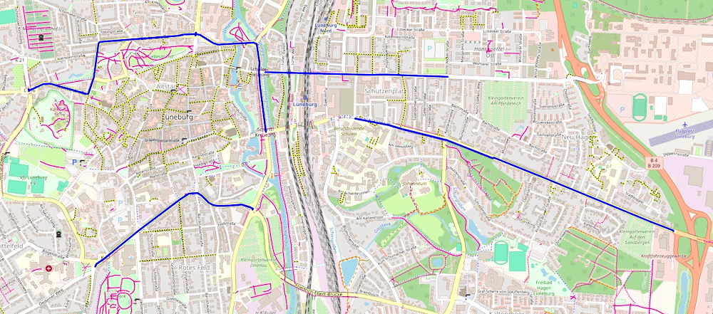 Grafik: OpenStreetMap Mitwirkende. In den lila markierten Straßenzügen soll die Einrichtung von Tempo 30 zum Lärmschutz geprüft werden, so der Lärmaktionsplan der Hansestadt Lüneburg.
