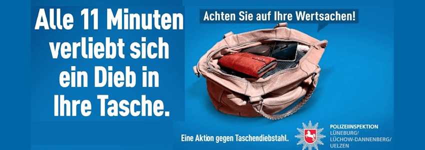Grafik: Polizeiinspektion Lüneburg/Lüchow-Dannenberg/Uelzen: Plakat zur Kampagne Taschendiebstahl-Prävention (angepasst).
