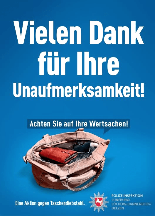 Grafik: Polizeiinspektion Lüneburg/Lüchow-Dannenberg/Uelzen: Plakat zur Kampagne Taschendiebstahl-Prävention.