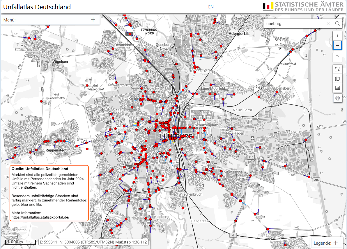 Unfallatlas der Statistischen Ämter des Bundes und der Länder: Kartenausschnitt. Unfallorte mit Verletzten in Lüneburg im Jahr 2024.