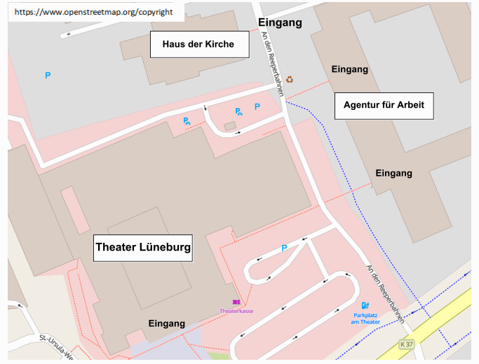 Karte: Arbeitsagentur Lüneburger Heide / OpenStreetMap. Hier findet die Ausbildungs- und Studienbörse am 24. Januar 2026 statt: Agentur für Arbeit in Lüneburg, An den Reeperbahnen 2, im Foyer des Theaters und im Haus der Kirche.