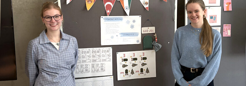 Foto: Landkreis Lüneburg. Von links: Die Leuphana-Studierenden Aenne und Johanna präsentierten am 27. Januar 2026 eine Unterrichtseinheit zu Wintertraditionen in aller Welt.