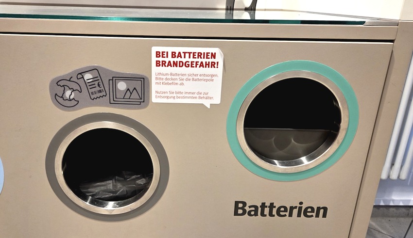 Foto: Lüne-Blog. Recykling-Station im Drogeriemarkt. Auch hier wird vor der Brandgefahr gewarnt. Batterien sollen immer in die dafür bestimmten Behälter geworfen werden. Nach Möglichkeit sollen die Batteriepole mit Klebefilm abgedeckt werden.