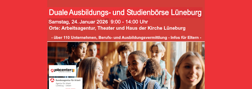 Grafik: Arbeitsagentur Lüneburger Heide. Ausbildungs- und Studienbörse am 24.01.2026.