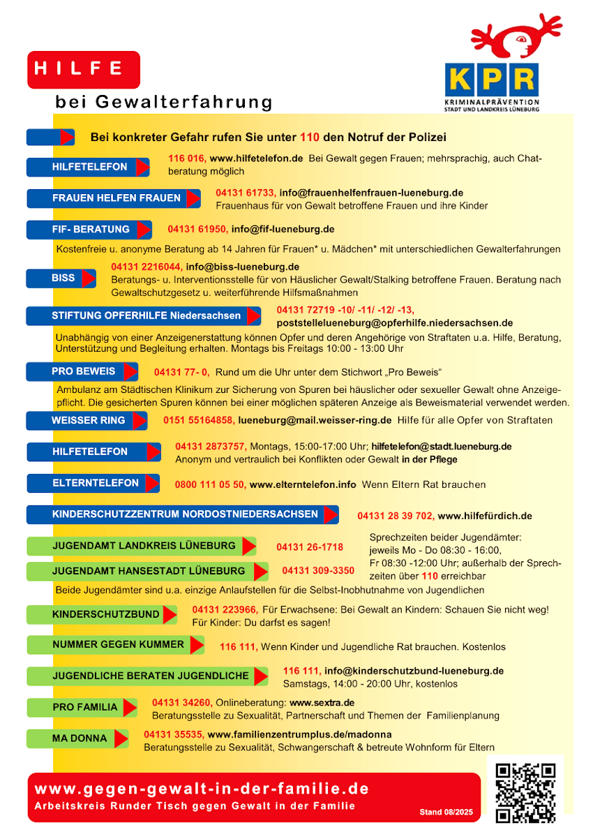 Grafik: KriminalpräventionsratStadt und Landkreis Lüneburg: Hilfe bei Gewalterfahrung. Stand: 08/2025.
