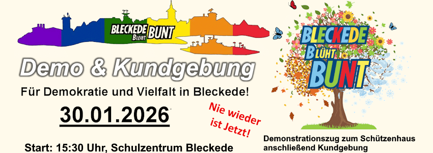 Grafik: Bündnis Bleckede blüht bunt. Sharepic (angepasst). Demonstration 30.01.2026.