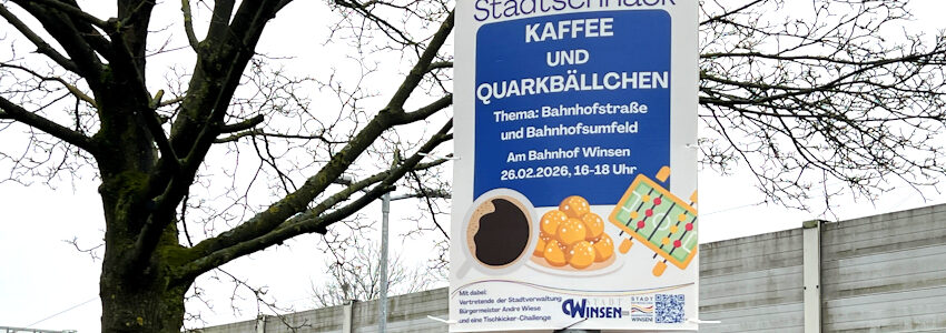 Foto: Stadt Winsen. Plakat an der Bahnhofsmauer lädt ein zum nächsten Stadtschnack am Bahnhof am 26. Februar 2026.