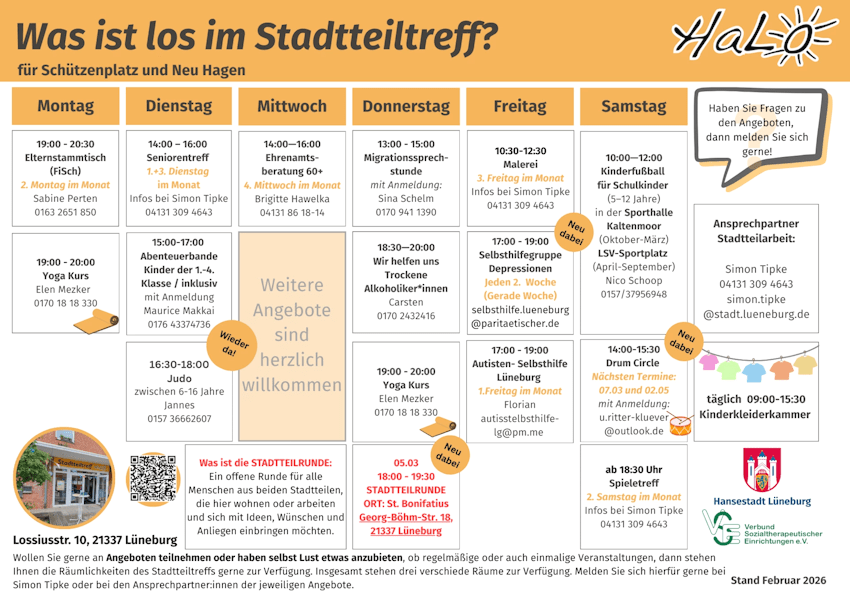 Grafik: Hansestadt Lüneburg. Angebote und Veranstaltungen im HaLo im Februar 2026.