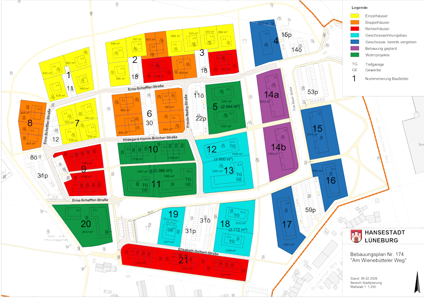 Grafik: Hansestadt Lüneburg. Aufteilung der Baufelder im Neubaugebiet Am Wienebütteler Weg. 12.02.2026.