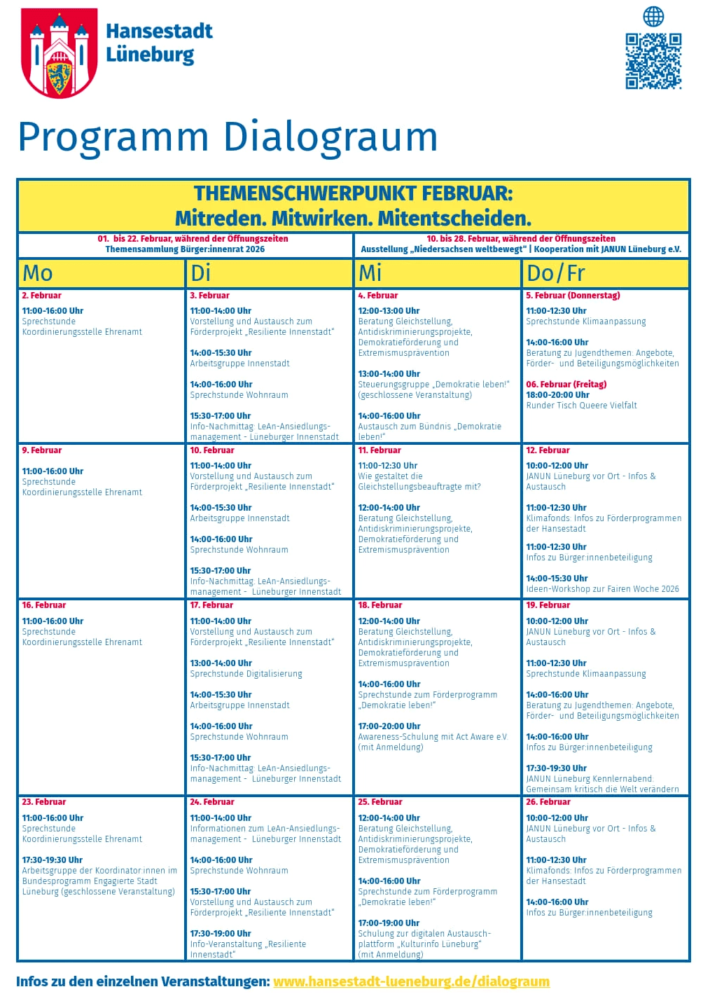 Hansestadt Lüneburg: Monatsprogramm Dialograum, Februar 2026.
